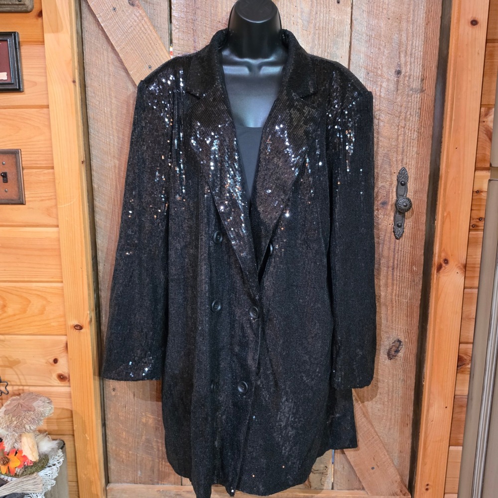 Boohoo Plus Black Sequin Double Breasted Blazer Jacket Women's Size 20